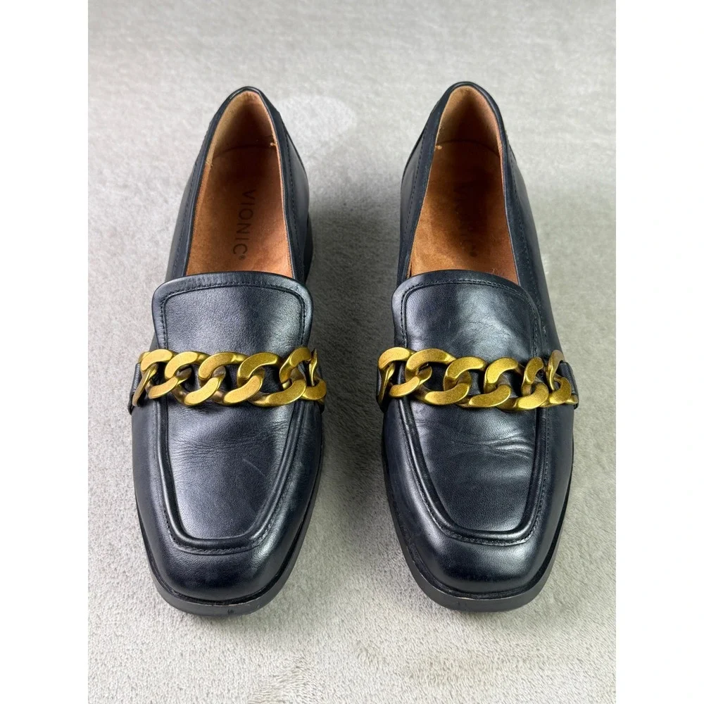Vionic Mizelle Black Leather Chain Link Loafers Size 6.5 Square Toe Flats Womens